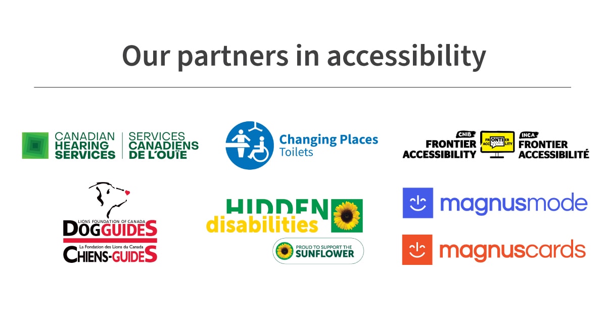 Our partners in accessibility Canadian Hearing Services Changing Places toilets CNIB Frontier Accessibility Lions Foundation of Canada Dog Guides Hidden Disabilities Proud to support the sunflower Magnus Mode Magnus Cards