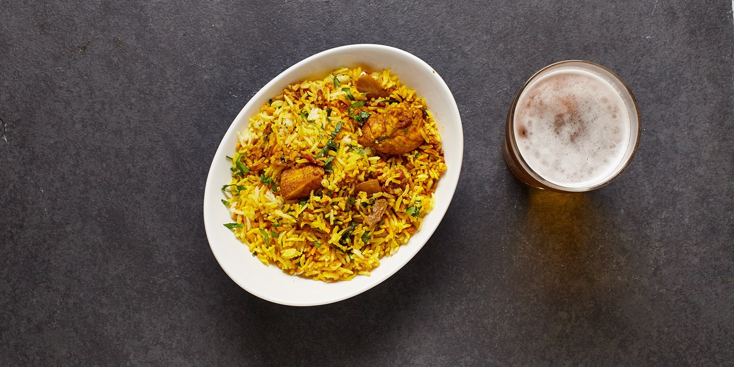 Chicken biryani and a beer 