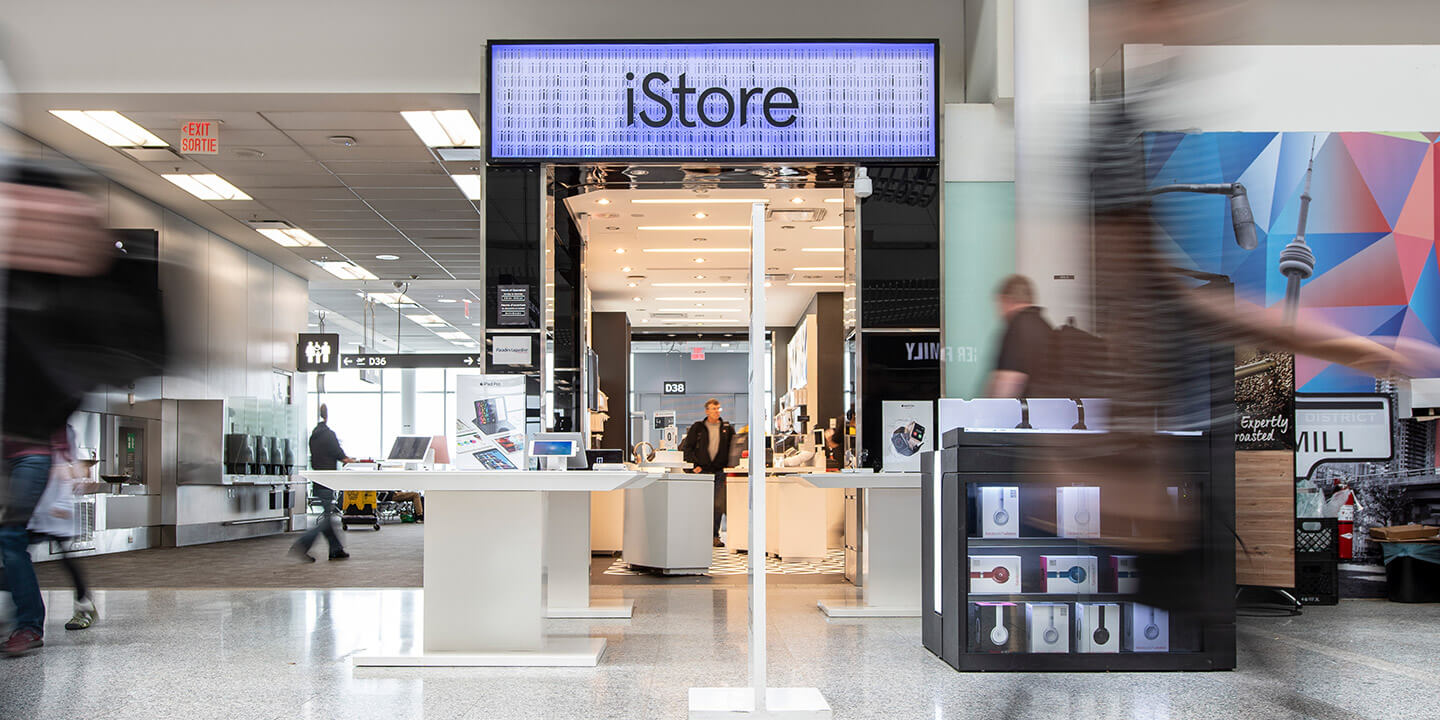 View of external iStore table displays in terminal 1 area and narrow storefront