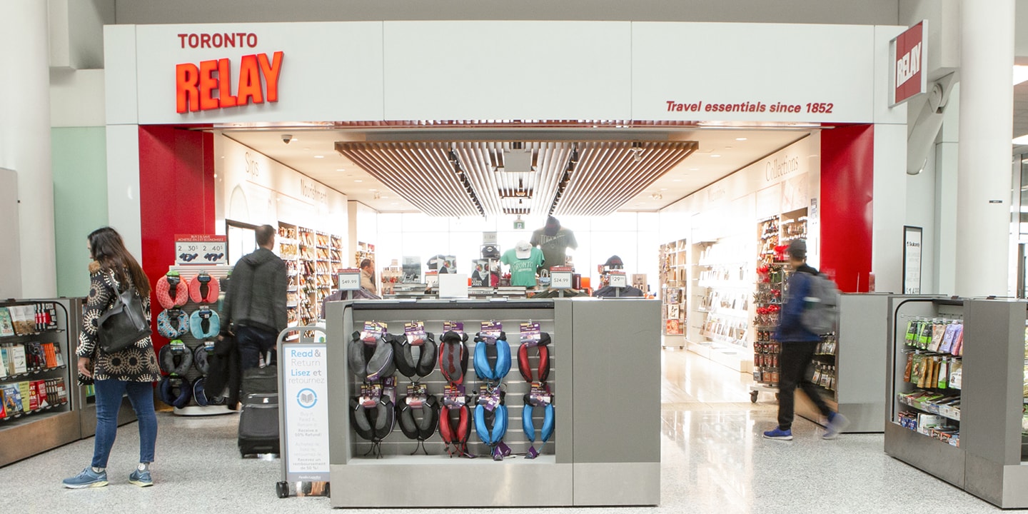 view into Relay store with red sign